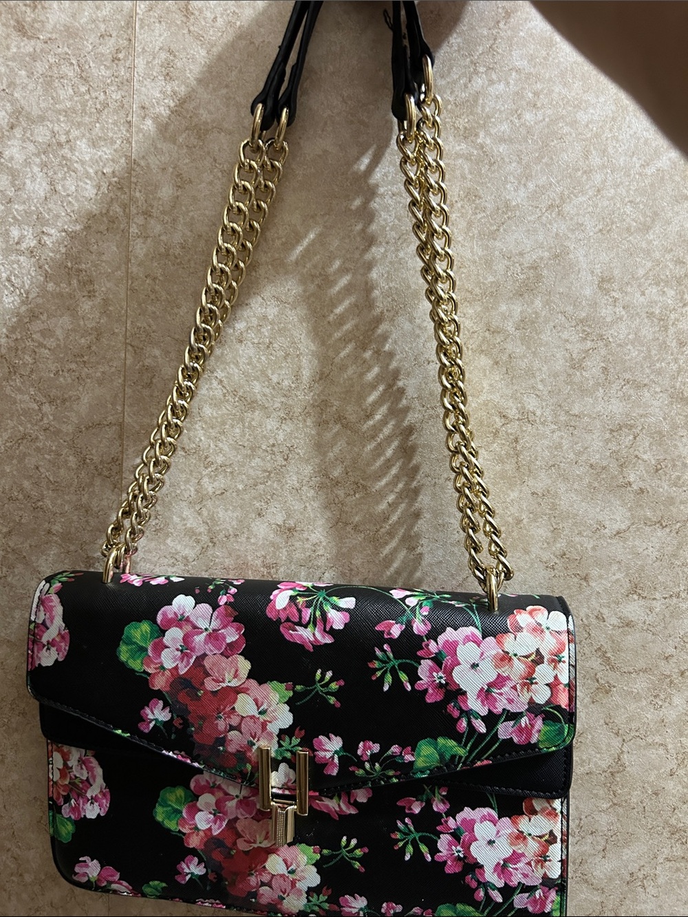 Black Floral Shoulder Bag with Gold Chain Strap